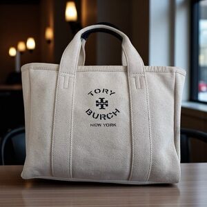 Tory Burch Cream Canvas Mini Mercer Tote with Navy Logo